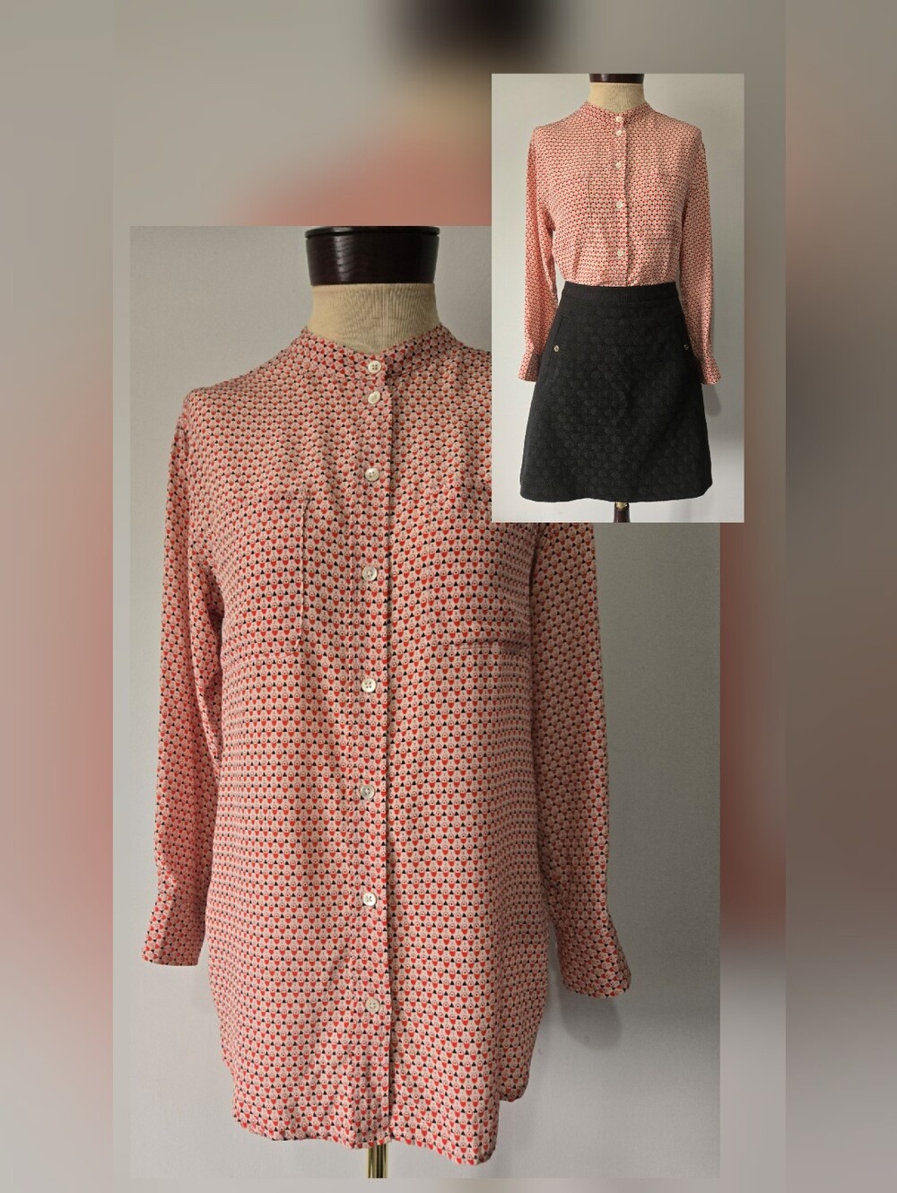 Equipment 100% Silk Red And Black Printed Button-Down Long Sleeve Blouse